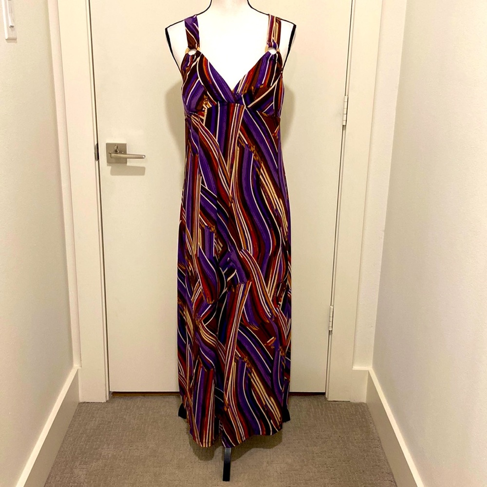 Purple/cream/brown/rust patterned maxi shift dress